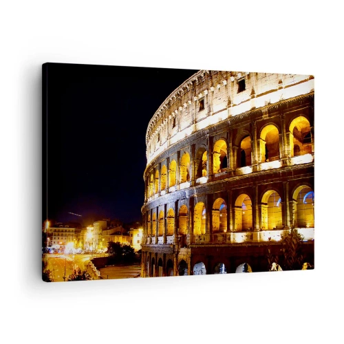 Impression sur toile - Image sur toile - Le Colisée illuminé par les lumières la nuit à Rome - 70x50cm - Il est temps de commencer les Jeux - Décoration murale moderne pour le salon et la chambre ARTTOR
