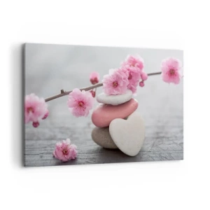 Impression sur toile - Image sur toile - Fleurs de cerisier délicates avec des pierres en forme de cœur - 100x70cm - Le bonheur avec une fleur de cerisier - Décoration murale moderne pour le salon et la chambre ARTTOR