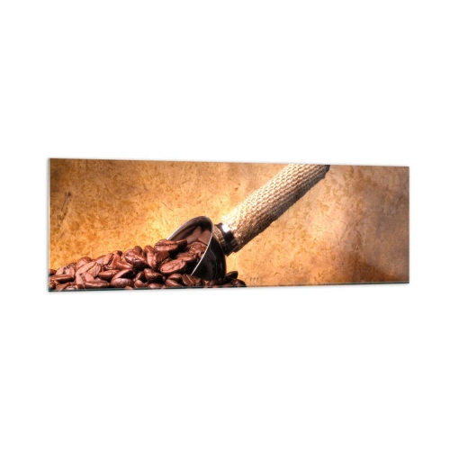 Impression sur verre - Image sur verre - Grains de café dans un sac en jute avec une cuillère en métal - 160x50cm - A la source de la saveur - Décoration murale moderne pour le salon et la chambre ARTTOR