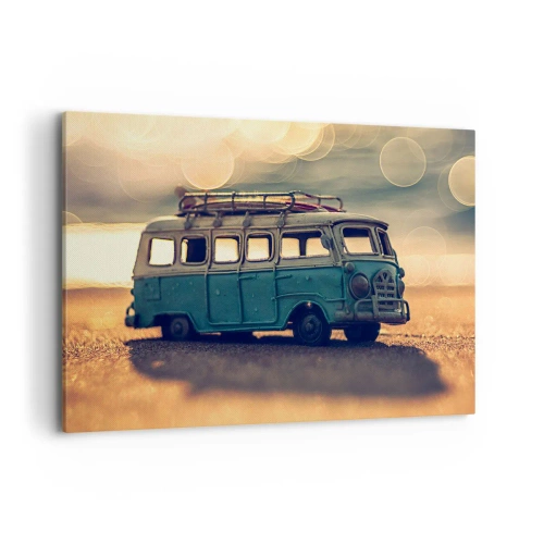 Impression sur toile - Image sur toile - Bus rétro contre une lumière floue - 100x70cm - La fin des idoles : argent et travail - Décoration murale moderne pour le salon et la chambre ARTTOR