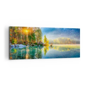 Impression sur toile - Image sur toile - Un lac entouré de montagnes et de forêts sous les rayons du soleil - 120x50cm - Majesté et douceur - Décoration murale moderne pour le salon et la chambre ARTTOR