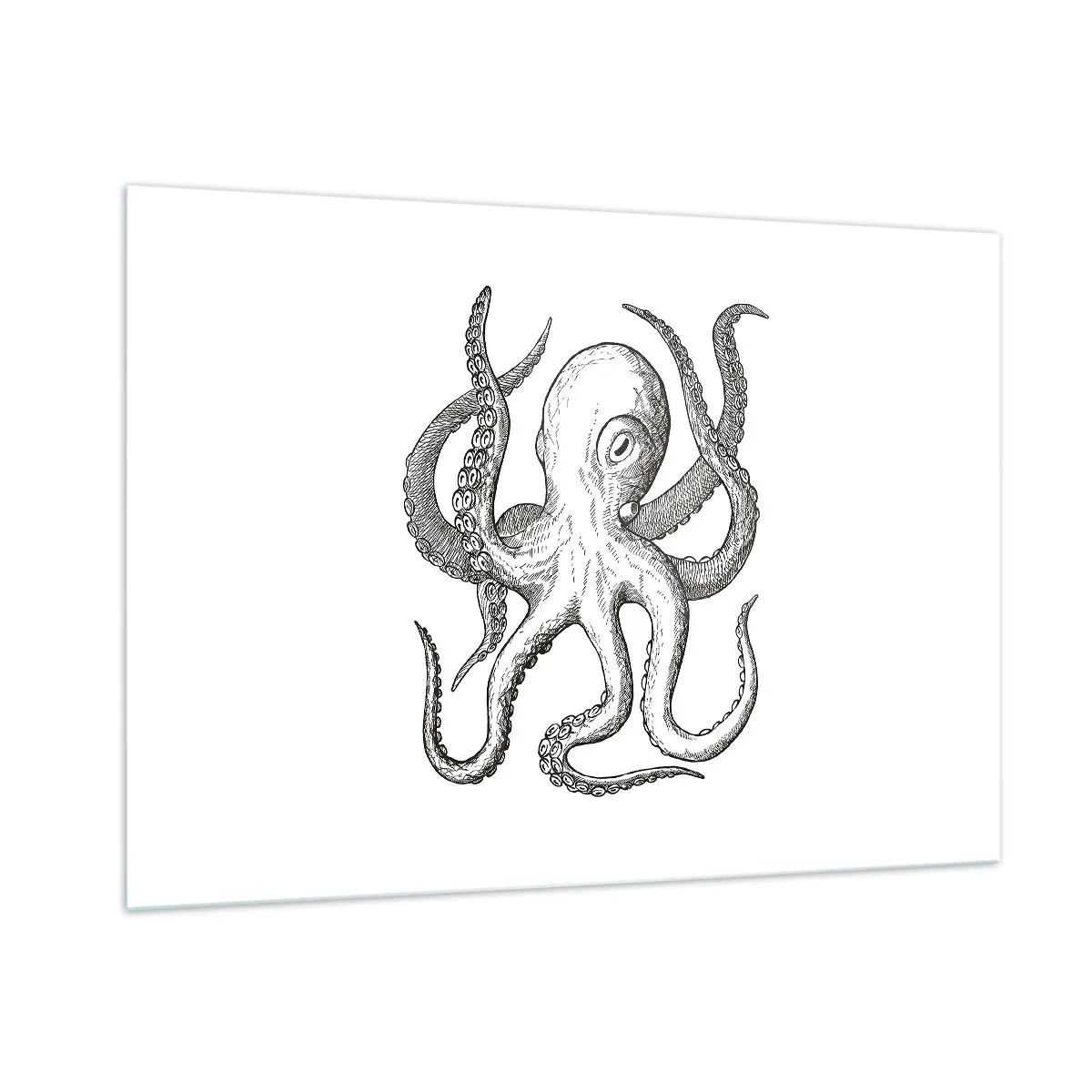 Impression sur verre - Image sur verre - Dessin noir et blanc d'une pieuvre sur fond blanc - 100x70cm - Dansant avec les vagues - Décoration murale moderne pour le salon et la chambre ARTTOR