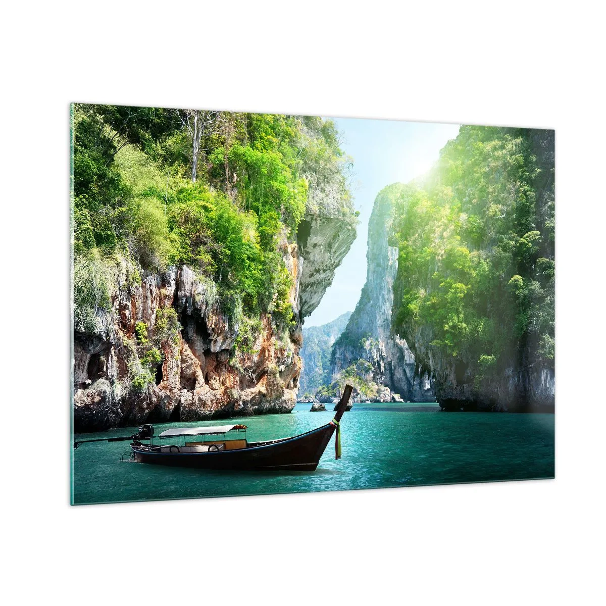 Impression sur verre - Image sur verre - Un bateau traditionnel sur une eau turquoise entre des falaises - 100x70cm - Une invitation à un voyage exotique - Décoration murale moderne pour le salon et la chambre ARTTOR