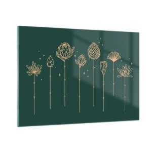Impression sur verre - Image sur verre - Contours dorés d'herbes et de fleurs sur un fond vert foncé - 100x70cm - La famille Plante - Décoration murale moderne pour le salon et la chambre ARTTOR