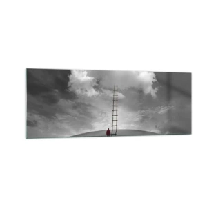 Impression sur verre - Image sur verre - Une personne portant un manteau rouge et une échelle menant à un nuage - 140x50cm - Tout est possible - Décoration murale moderne pour le salon et la chambre ARTTOR