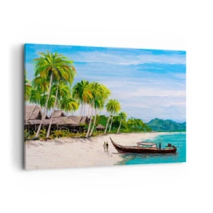 Impression sur toile - Image sur toile - Une plage exotique avec des palmiers et un bateau sur le rivage - 120x80cm - Rêve exotique - Décoration murale moderne pour le salon et la chambre ARTTOR
