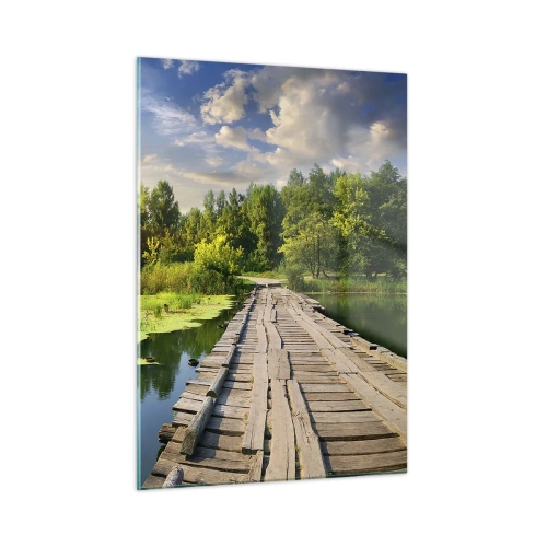 Impression sur verre - Image sur verre - Jetée en bois sur un lac avec un cygne au coucher du soleil - 50x70cm - L'été, l'été partout - Décoration murale moderne pour le salon et la chambre ARTTOR