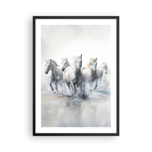 Affiche dans un cadre noir - Poster - Chevaux blancs galopant dans l'eau dans un décor dynamique - 50x70cm - Magie blanche - Décoration murale moderne pour le salon et la chambre ARTTOR