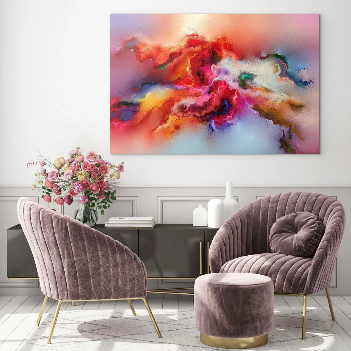 Impression sur verre - Image sur verre - Une abstraction colorée ressemblant à des traînées de fumée tourbillonnantes. - 100x70cm - Comment attraper des rêves - fumée - Décoration murale moderne pour le salon et la chambre ARTTOR