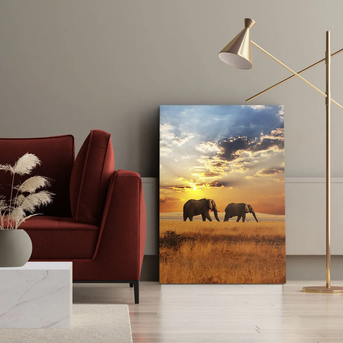Impression sur toile - Image sur toile - Éléphants dans la savane au coucher du soleil - 80x120cm - Déambulation familliale - Décoration murale moderne pour le salon et la chambre ARTTOR