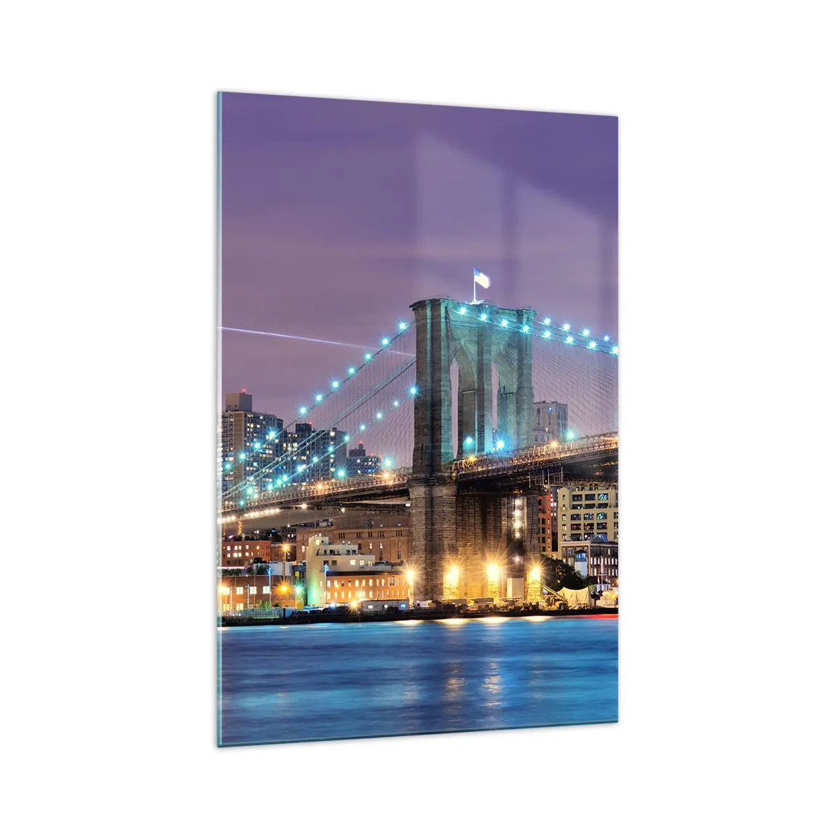 Impression sur verre - Image sur verre - Le pont de Brooklyn la nuit avec la ville illuminée en arrière-plan - 70x100cm - Depuis de nombreuses années le pont de Brooklyn - Décoration murale moderne pour le salon et la chambre ARTTOR