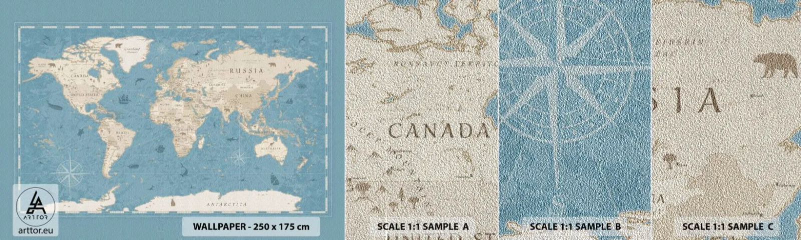 Échantillon de Papier Peint Premium Sand - Le monde à porter de main - Carte du monde, Ancien, Grunge - 100x30 cm