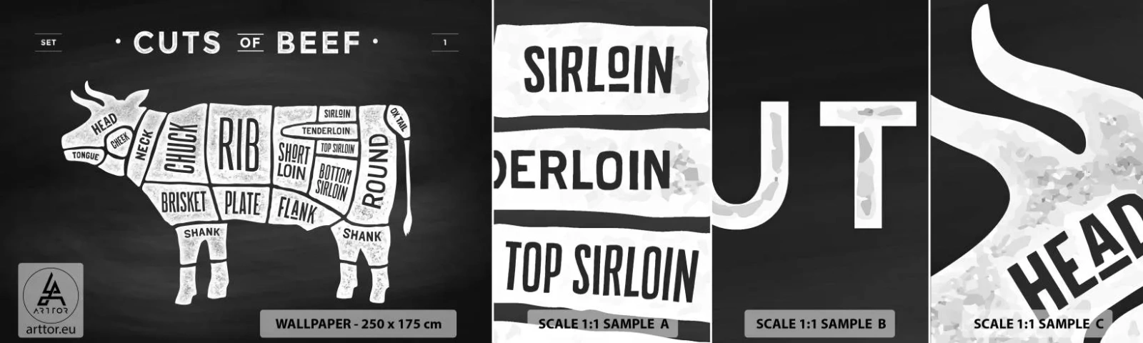 Échantillon De Papier Peint Standard Eco - L'art de la découpe - La gastronomie, Taureau, Bœuf - 100x30 cm