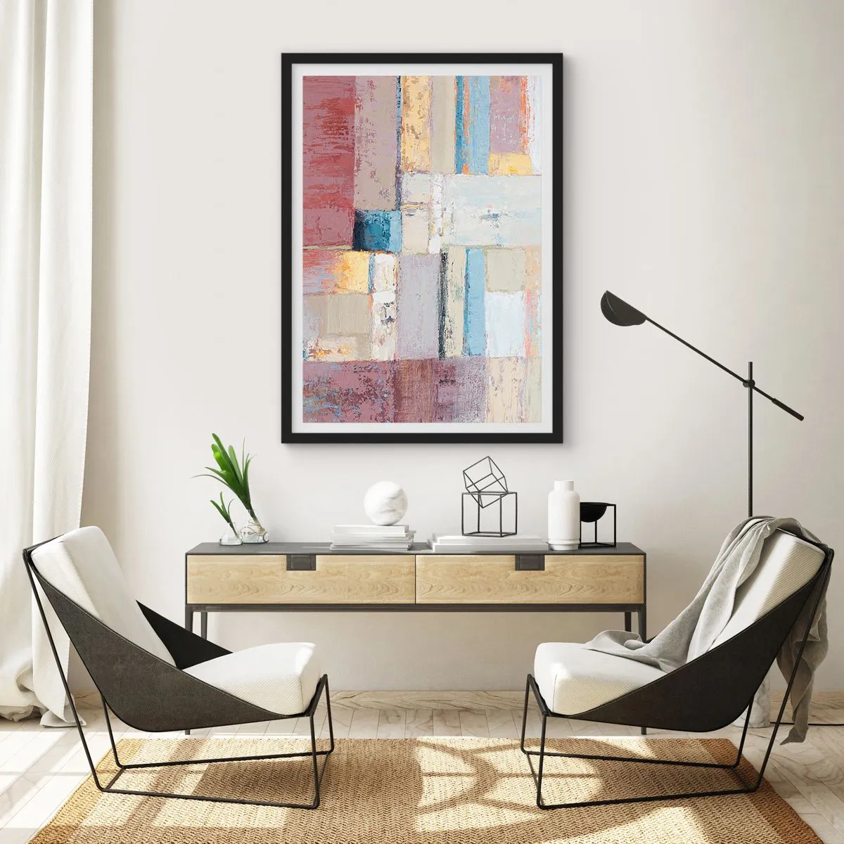Affiche dans un cadre noir - Poster - Composition géométrique abstraite aux couleurs pastel - 50x70cm - Le calme de la géométrie - Décoration murale moderne pour le salon et la chambre ARTTOR