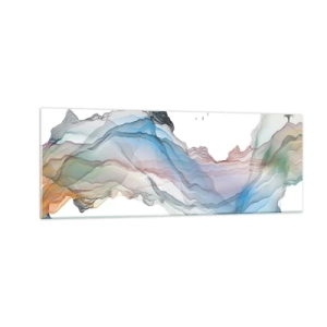 Impression sur verre - Image sur verre - Un paysage subtil avec des montagnes, de l'eau et un bateau - 140x50cm - Vers les montagnes de cristal - Décoration murale moderne pour le salon et la chambre ARTTOR