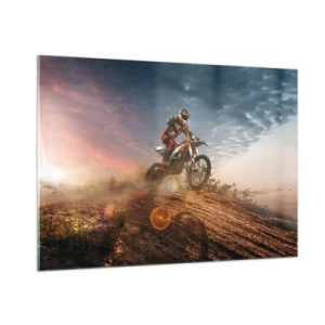 Impression sur verre - Image sur verre - Motocycliste dans le désert dans un cadre dynamique - 100x70cm - Pour la victoire - Décoration murale moderne pour le salon et la chambre ARTTOR