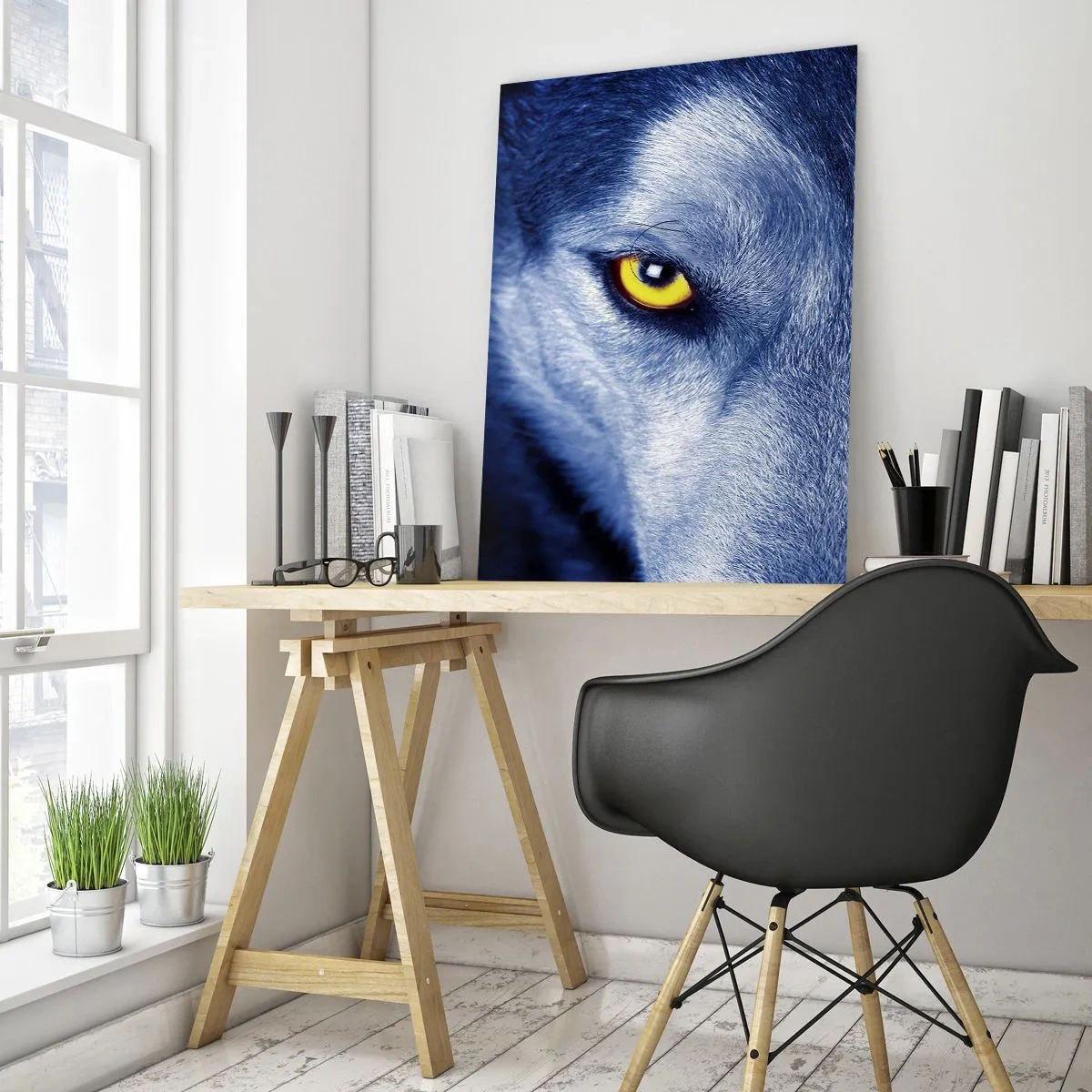 Impression sur verre - Image sur verre - Gros plan du regard intense d'un loup sur un fond sombre - 80x120cm - Regars hypnotique - Décoration murale moderne pour le salon et la chambre ARTTOR