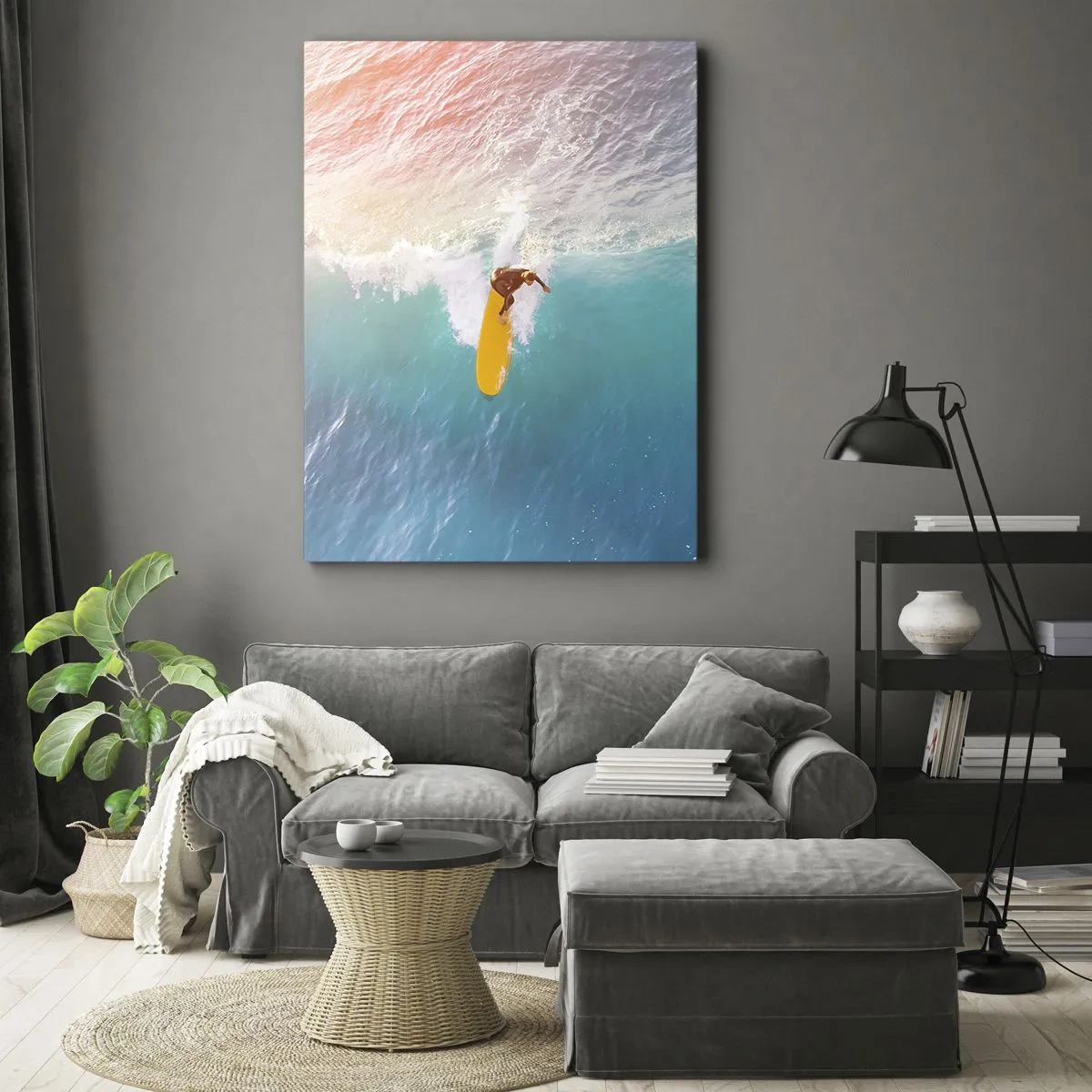 Impression sur toile - Image sur toile - Surfeur sur une vague aux couleurs pastel - 70x100cm - Le cavalier de l'océan - Décoration murale moderne pour le salon et la chambre ARTTOR