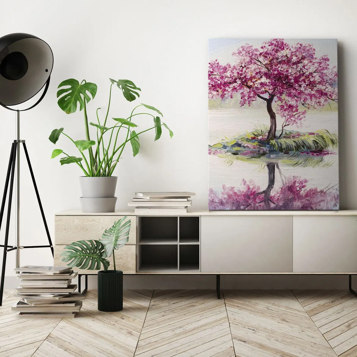 Impression sur toile - Image sur toile - Un arbre en fleurs sur une eau calme - 70x100cm - Fête du Printemps - Décoration murale moderne pour le salon et la chambre ARTTOR