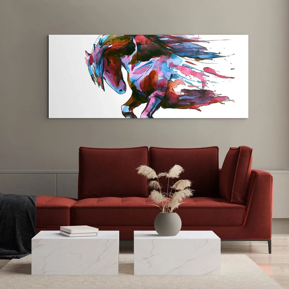 Impression sur verre - Image sur verre - Un cheval aux couleurs abstraites dynamiques symbolisant la liberté - 160x50cm - Dans le ravissement - Décoration murale moderne pour le salon et la chambre ARTTOR