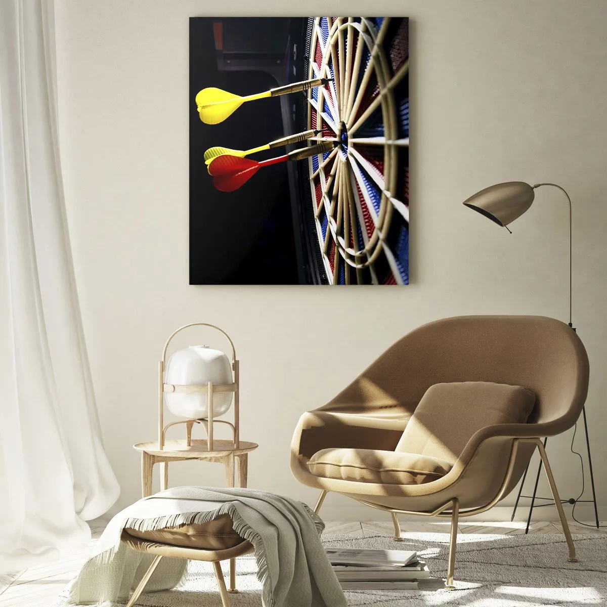 Impression sur verre - Image sur verre - Des fléchettes frappant une cible dans un environnement sombre - 50x70cm - Droit au but - Décoration murale moderne pour le salon et la chambre ARTTOR