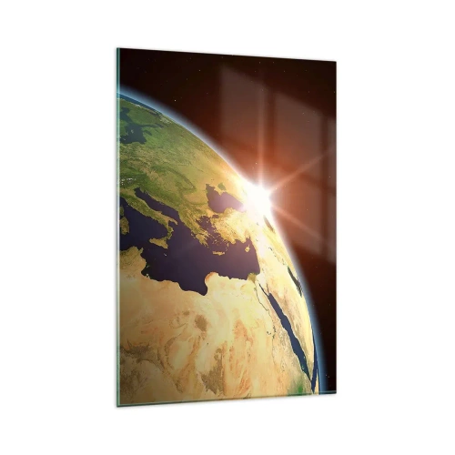 Impression sur verre - Image sur verre - Vue de la Terre depuis l'espace avec les rayons du soleil à l'horizon - 80x120cm - Lever de soleil - Décoration murale moderne pour le salon et la chambre ARTTOR