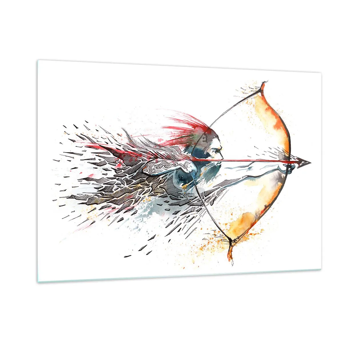 Impression sur verre - Image sur verre - Archer dans un décor d'aquarelle dynamique - 120x80cm - Guerrier mythique avec un arc de feu - Décoration murale moderne pour le salon et la chambre ARTTOR