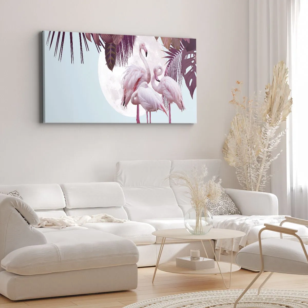 Impression sur toile - Image sur toile - Flamants roses sur fond de lune et de feuilles tropicales - 160x50cm - Trois oiseaux gracieux - Décoration murale moderne pour le salon et la chambre ARTTOR