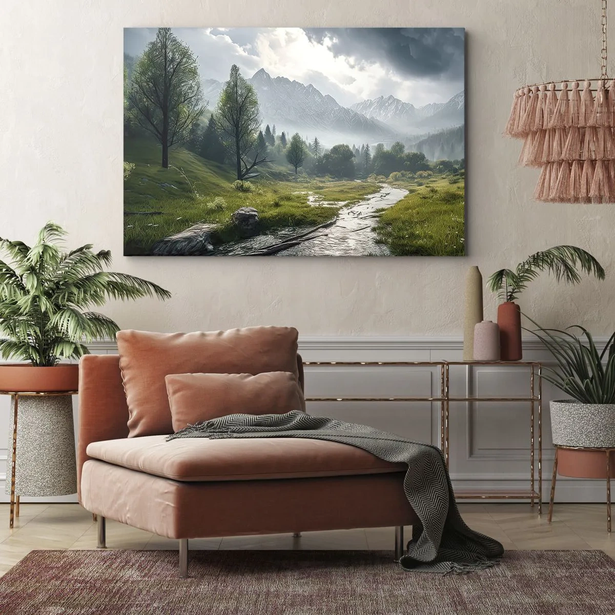 Impression sur toile - Image sur toile - Un paysage de montagne avec une rivière et des arbres entourés de montagnes brumeuses - 100x70cm - Aller et retour - Décoration murale moderne pour le salon et la chambre ARTTOR
