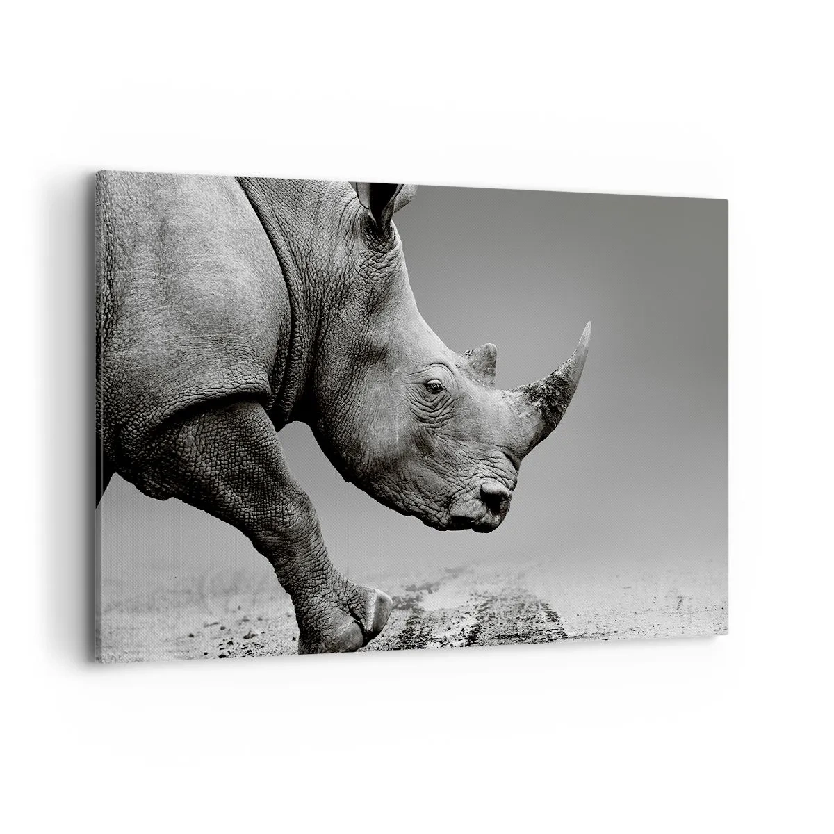 Impression sur toile - Image sur toile - Portrait d'un rhinocéros sur fond de désert gris - 120x80cm - Force inarrêtable - Décoration murale moderne pour le salon et la chambre ARTTOR