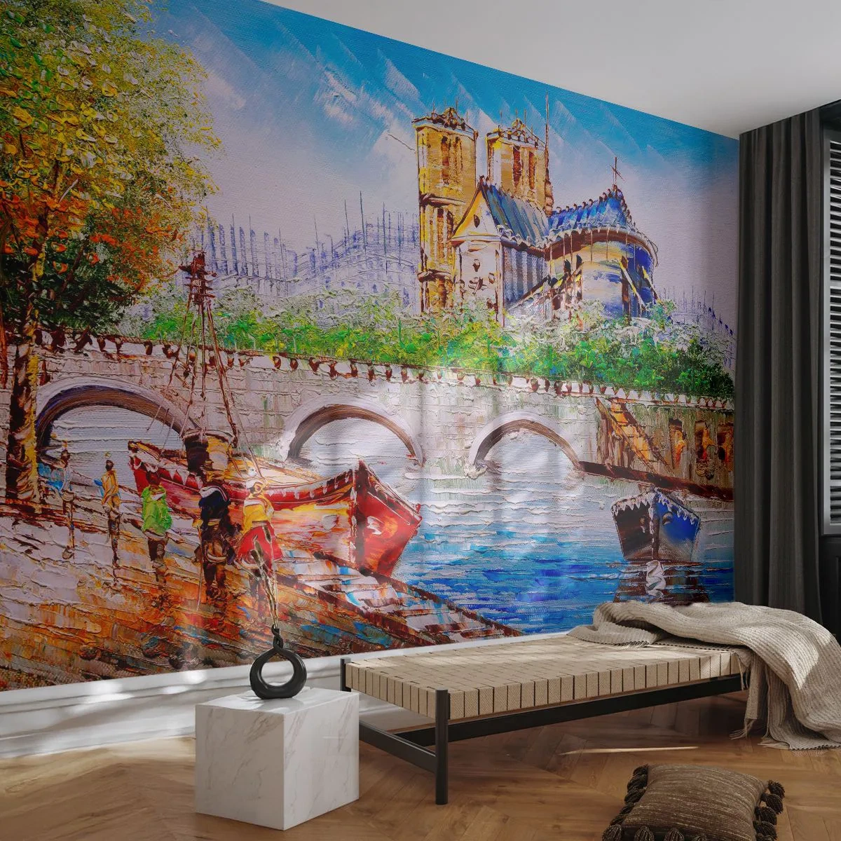 Papier Peint Photo Premium Sand - Paysage urbain impressionniste avec une cathédrale et une rivière - 100x70cm - Leur temps ne passe jamais - Décoration murale moderne pour le salon et la chambre ARTTOR