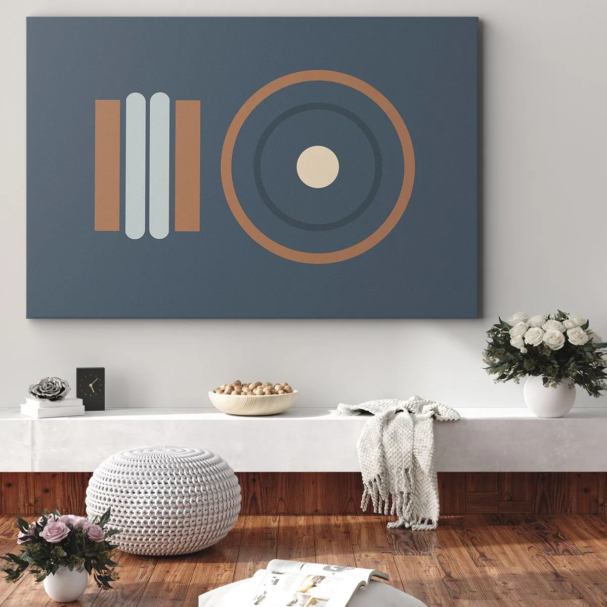 Impression sur toile - Image sur toile - Une composition géométrique avec des cercles et des rectangles aux couleurs sobres. - 70x50cm - Essence des choses - Décoration murale moderne pour le salon et la chambre ARTTOR