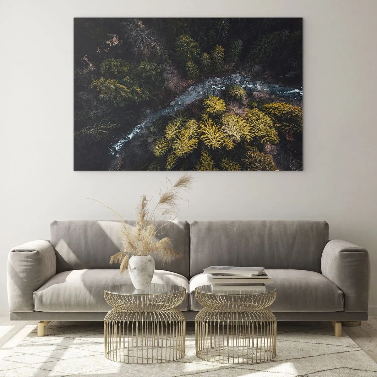 Impression sur verre - Image sur verre - Vue aérienne d'un paysage forestier avec un ruisseau sinueux - 120x80cm - De plus en plus vite - Décoration murale moderne pour le salon et la chambre ARTTOR