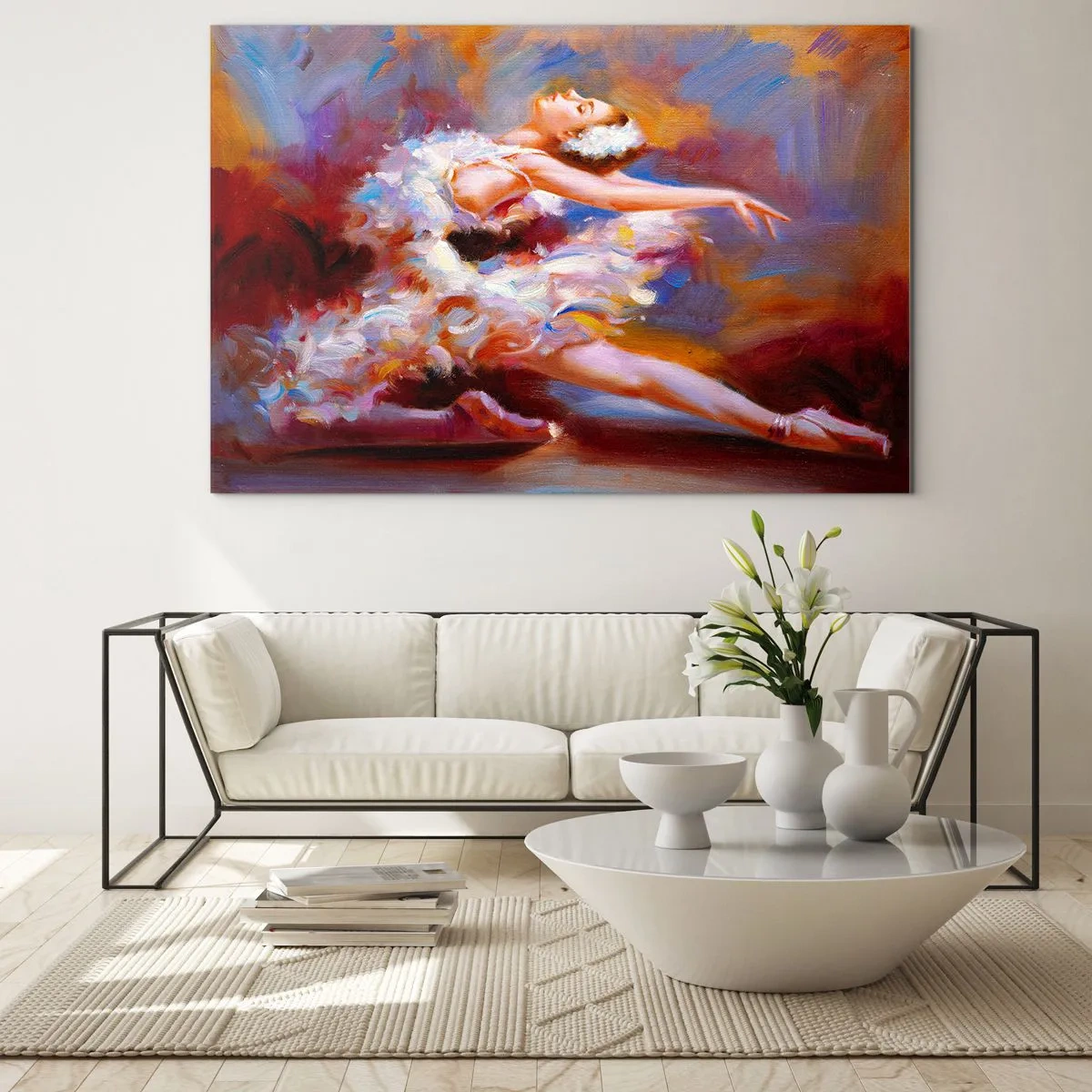 Impression sur verre - Image sur verre - Une ballerine dans une pose dynamique sur un fond de couleurs abstraites. - 100x70cm - La grâce du cygne - Décoration murale moderne pour le salon et la chambre ARTTOR