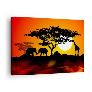 Impression sur toile - Image sur toile - Coucher de soleil africain avec des silhouettes d'éléphants et de girafes au-dessus de l'eau - 70x50cm - Rencontre dans la savane - Décoration murale moderne pour le salon et la chambre ARTTOR