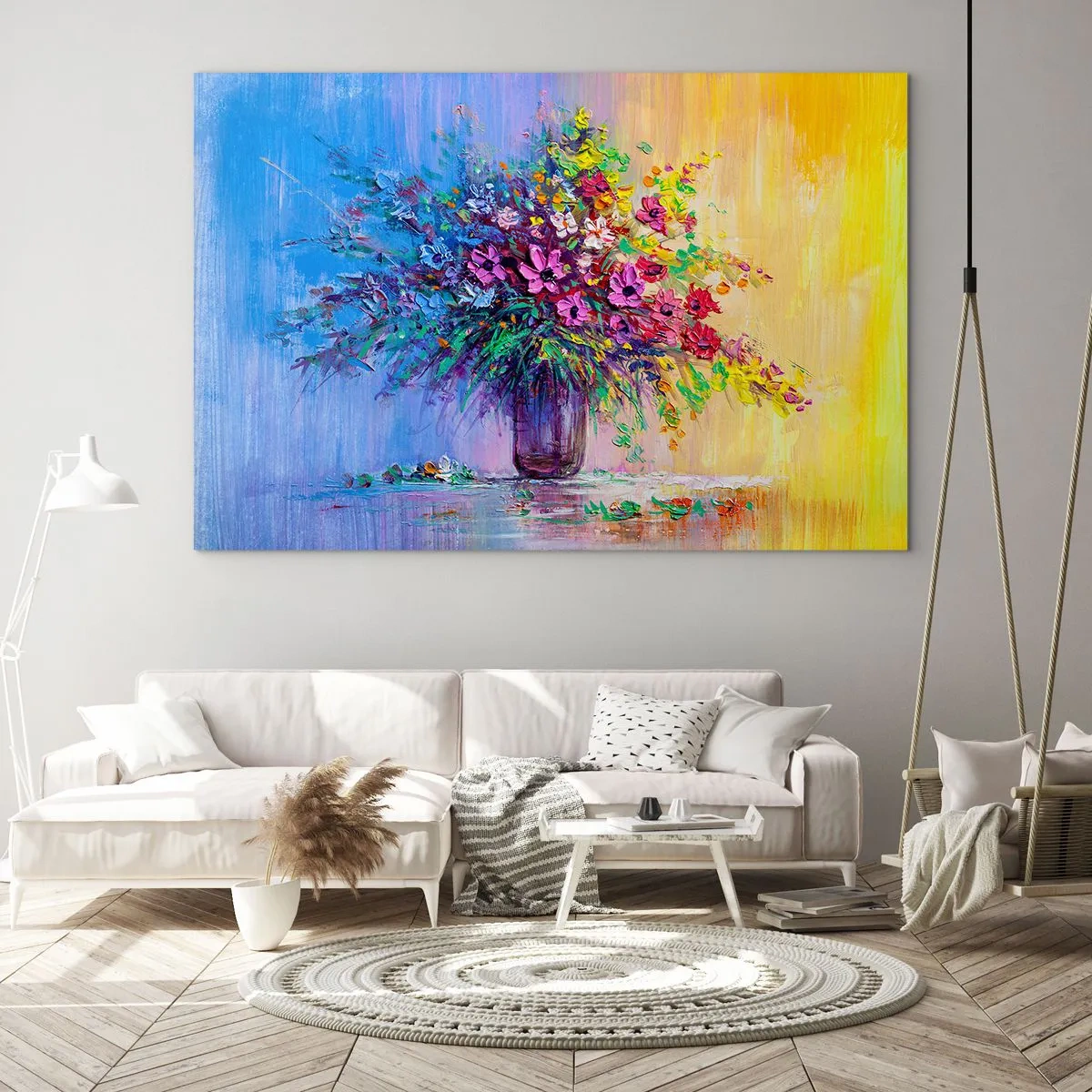 Impression sur verre - Image sur verre - Un bouquet de fleurs colorées dans un vase sur un fond abstrait - 70x50cm - Cadeau d'été de la prairie - Décoration murale moderne pour le salon et la chambre ARTTOR
