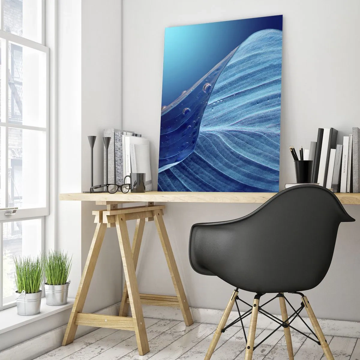 Impression sur verre - Image sur verre - Une feuille dans des tons bleus avec des gouttes d'eau sur un fond dégradé. - 50x70cm - Gouttes cachées du bleu - Décoration murale moderne pour le salon et la chambre ARTTOR