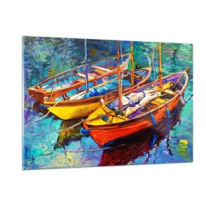 Impression sur verre - Image sur verre - Bateaux colorés sur une eau calme - 120x80cm - Sur l'eau épaisse de couleurs - Décoration murale moderne pour le salon et la chambre ARTTOR