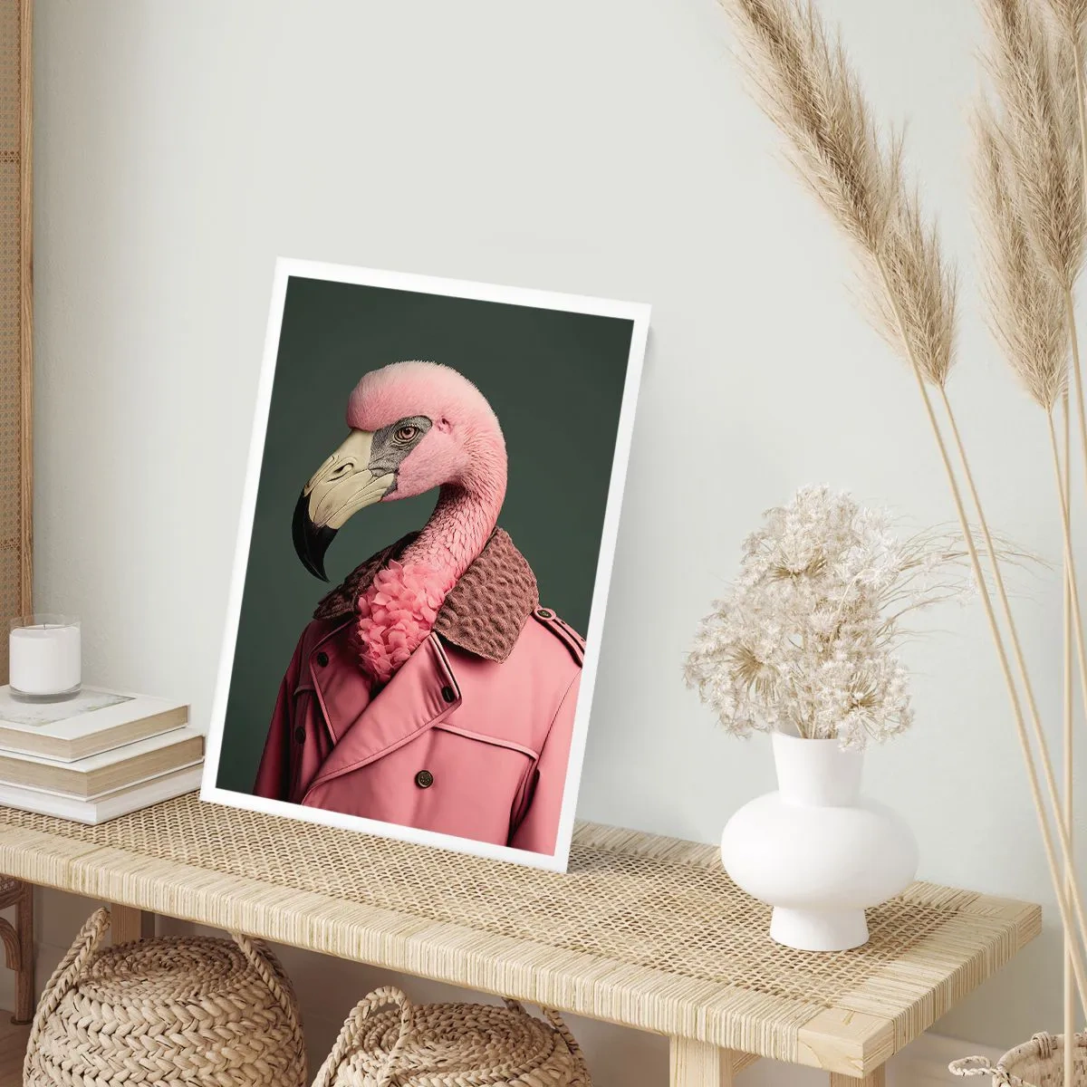 Affiche - Poster - Un flamant rose élégant dans un manteau élégant - 50x70cm - La vraie élégance - Décoration murale moderne pour le salon et la chambre ARTTOR
