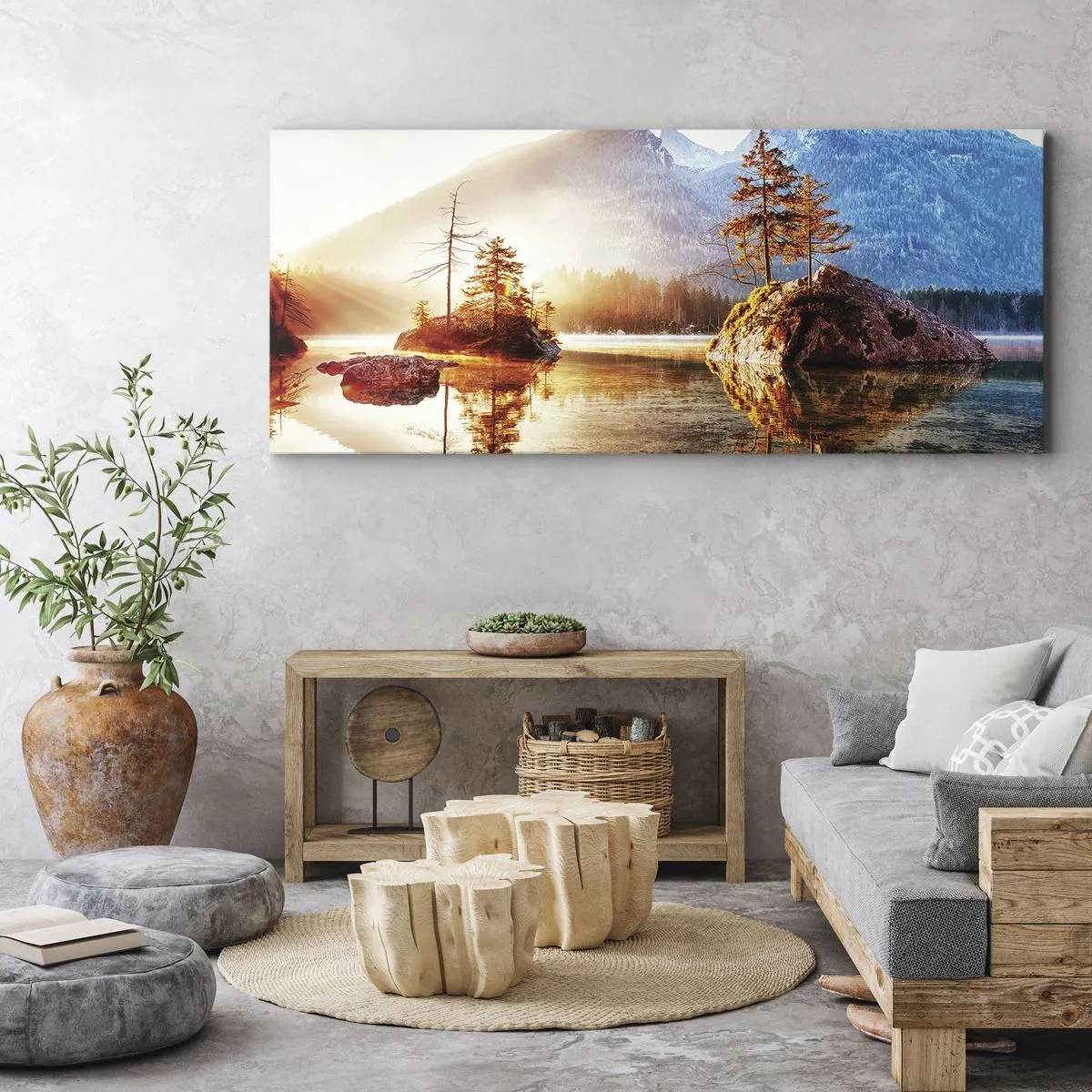 Impression sur toile - Image sur toile - Un lac avec des îles et des montagnes en arrière-plan au lever du soleil - 120x50cm - La nature sous un nouveau jour - Décoration murale moderne pour le salon et la chambre ARTTOR