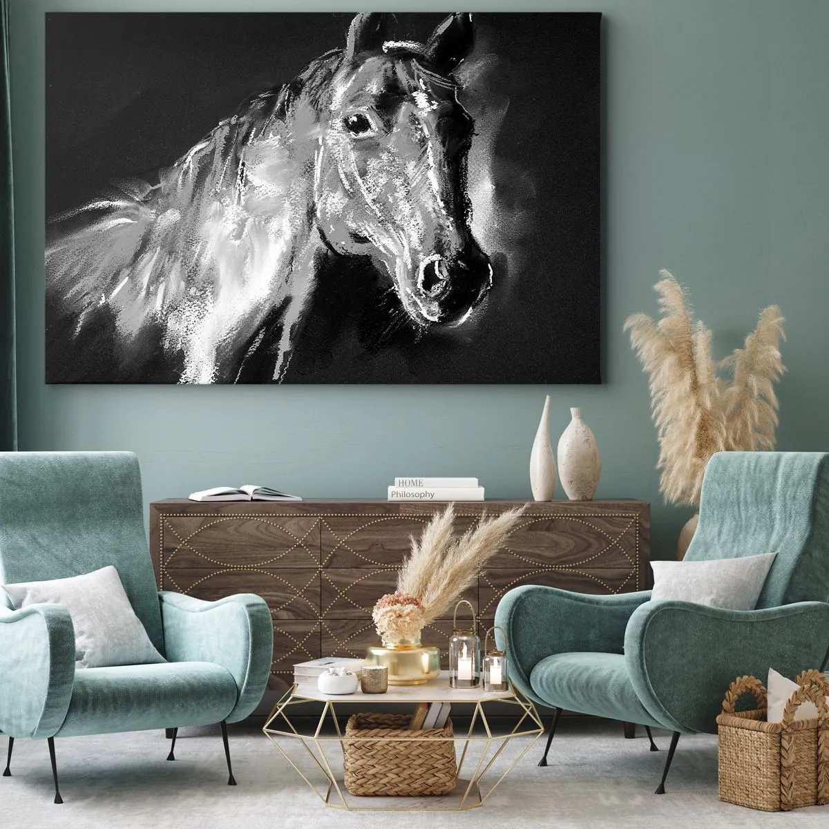 Impression sur toile - Image sur toile - Portrait d'un cheval dans un style dynamique en noir et blanc - 70x50cm - L'éclat d'une âme noble - Décoration murale moderne pour le salon et la chambre ARTTOR