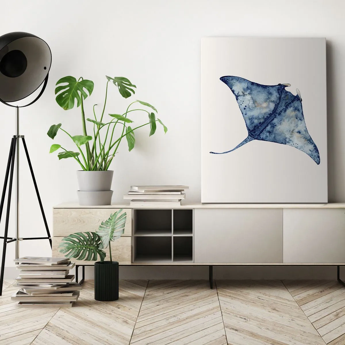 Impression sur toile - Image sur toile - Raie bleue à l'aquarelle sur fond blanc - 50x70cm - La vie en bleu - Décoration murale moderne pour le salon et la chambre ARTTOR