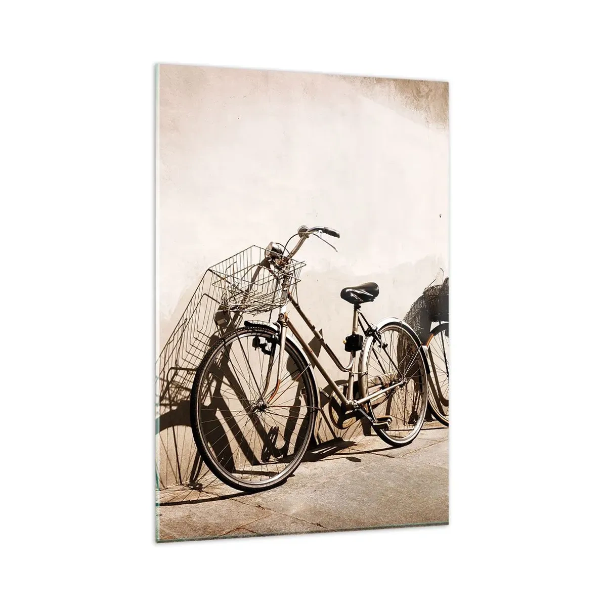Impression sur verre - Image sur verre - Deux vélos appuyés contre un vieux mur de style rétro - 80x120cm - Le charme inoubliable du passé - Décoration murale moderne pour le salon et la chambre ARTTOR