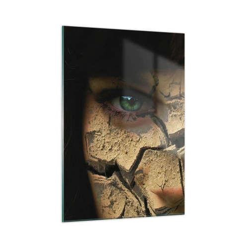 Impression sur verre - Image sur verre - Un visage de femme avec un effet de terre craquelée - 50x70cm - Plaisir et effroi en même temps - Décoration murale moderne pour le salon et la chambre ARTTOR