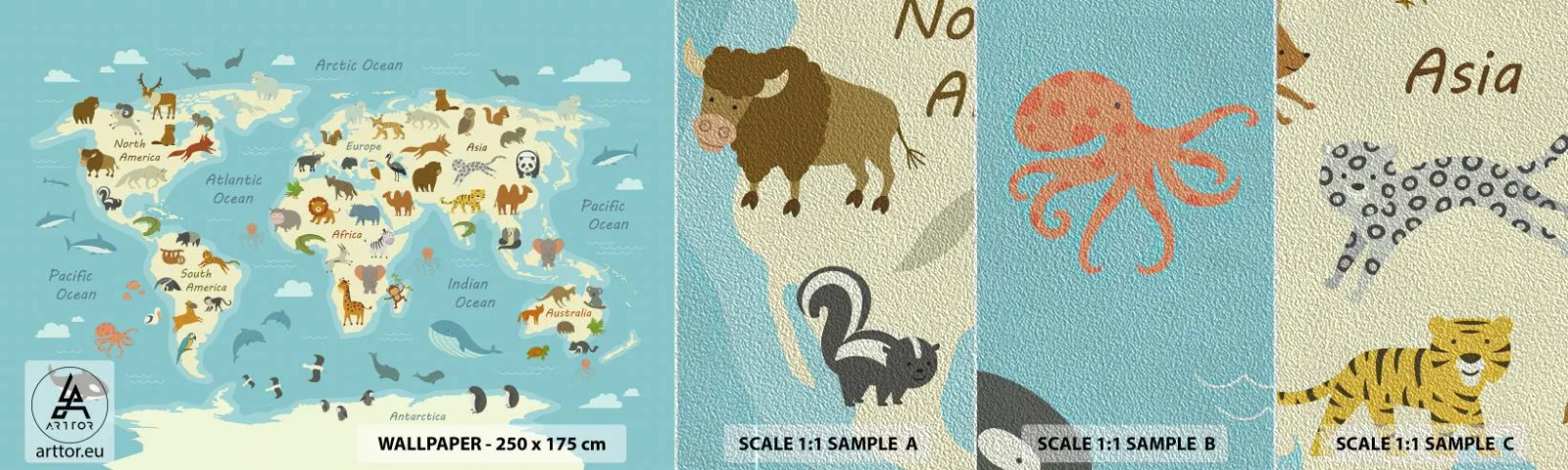 Échantillon de Papier Peint Premium Sand - De bons voisins - Carte du monde, Carte avec des animaux, Animaux - 100x30 cm
