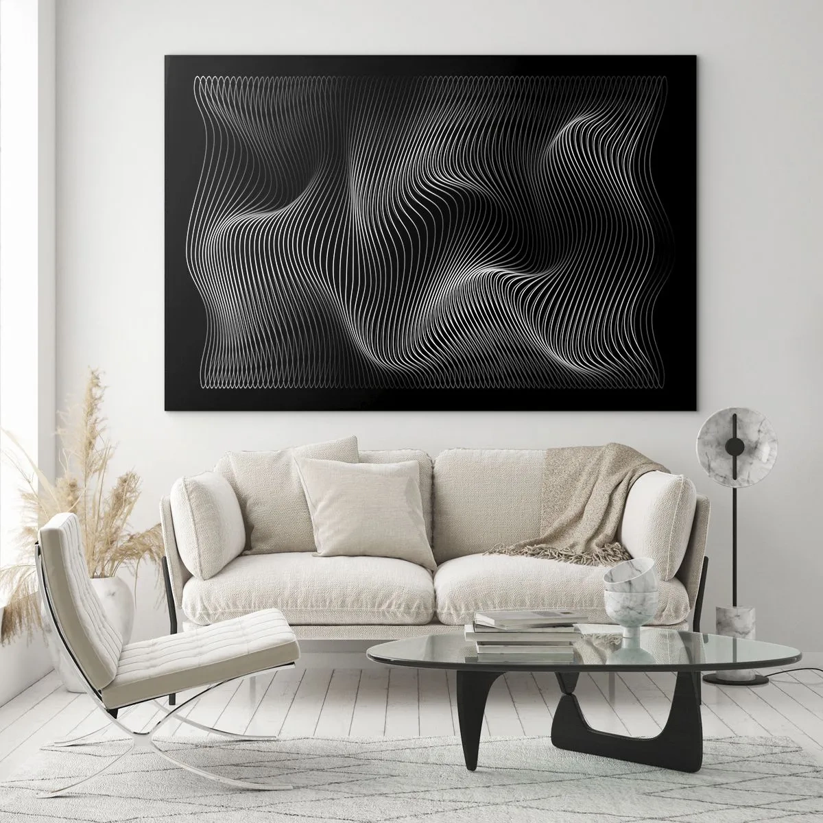 Impression sur verre - Image sur verre - Des lignes blanches hypnotisantes ondulant sur un fond noir - 70x50cm - Danse de lumière dans l'espace - Décoration murale moderne pour le salon et la chambre ARTTOR