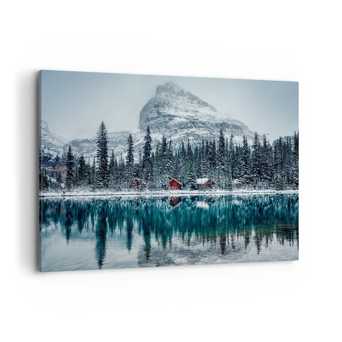 Impression sur toile - Image sur toile - Paysage d'hiver avec des chalets dans la forêt au bord d'un lac gelé - 100x70cm - Retraite canadienne - Décoration murale moderne pour le salon et la chambre ARTTOR