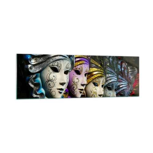 Impression sur verre - Image sur verre - Masques vénitiens de différentes couleurs avec des motifs décoratifs - 160x50cm - Mystère en or et argent - Décoration murale moderne pour le salon et la chambre ARTTOR