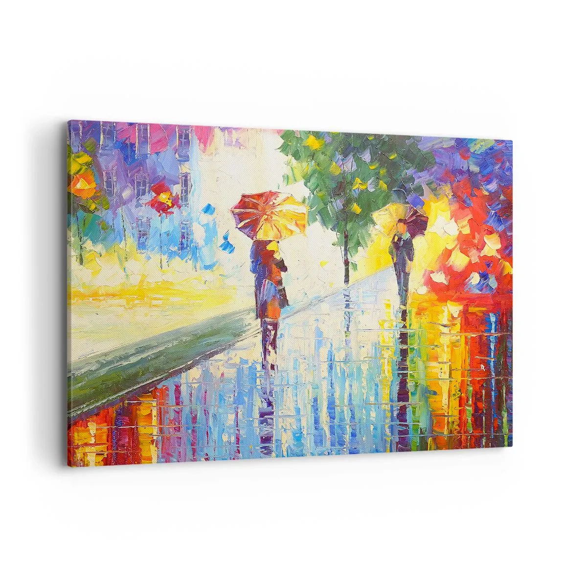 Impression sur toile - Image sur toile - Une promenade avec un parapluie dans un paysage pluvieux coloré - 120x80cm - Et tout est clair - Décoration murale moderne pour le salon et la chambre ARTTOR