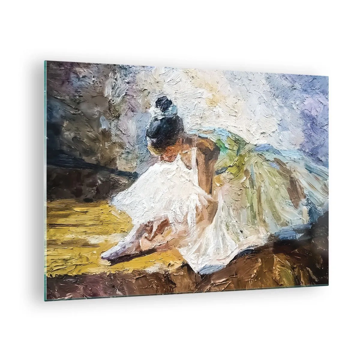 Impression sur verre - Image sur verre - Une ballerine penchée en avant dans une robe blanche peinte avec une texture à l'huile - 70x50cm - D'après un tableau de Degas - Décoration murale moderne pour le salon et la chambre ARTTOR